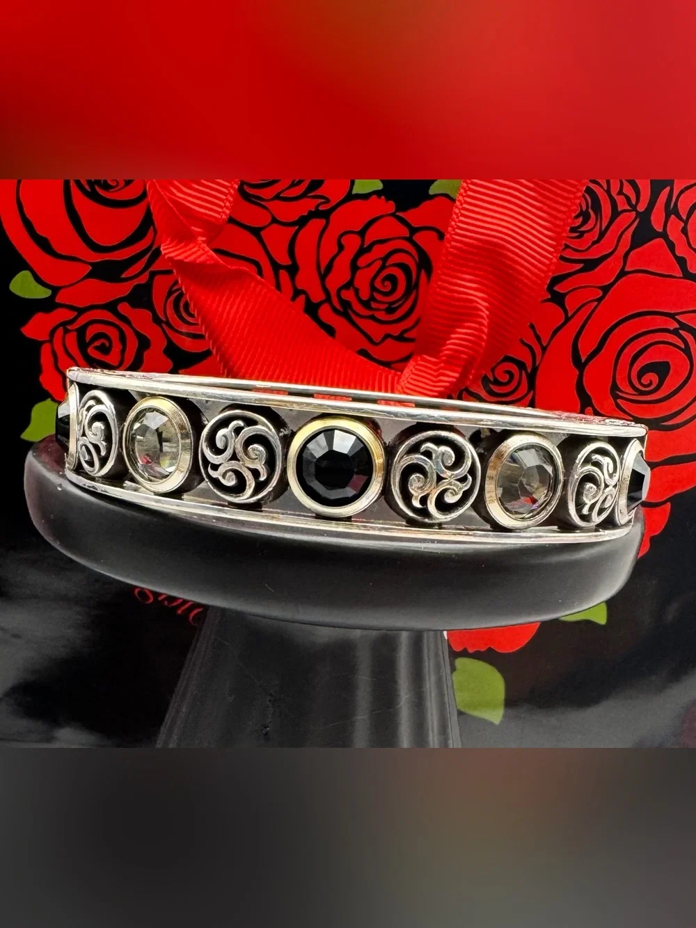 Brighton Ornate Bangle Bracelet with Black and Smoky Grey Crystal Accents